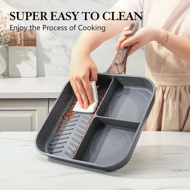 Alt view image 6 of 7 - Nonstick 11-Inch Square Grill Pan, 3-Section Versatile Breakfast Skillet, Die-cast Aluminum, PFOA, PFOS, APEO Free, Induction, Gas, Electric, Glass, Ceramic