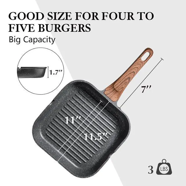 Alt view image 7 of 7 - Nonstick Grill Pan for Stove Tops, Versatile Griddle Pan with Pour Spouts, Square Grill Pan for Big Cooking Surface, Durable Grill Skillet for Indoor & Outdoor Grilling. PFOA Free, 11 Inch