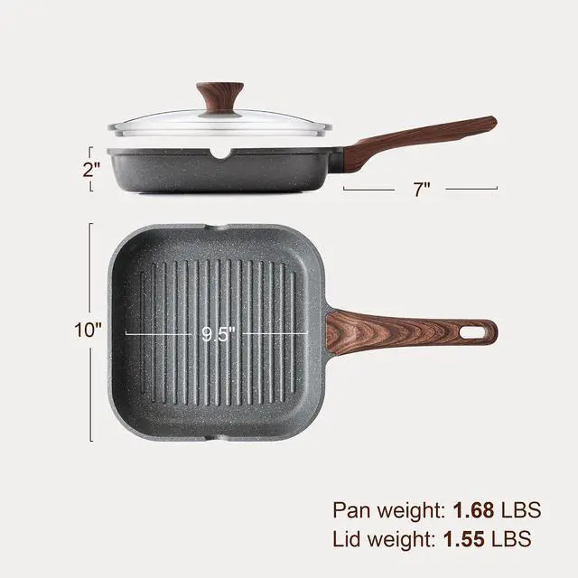 Alt view image 6 of 7 - Nonstick Grill Pan with Lid, Grill Pan for Stove Tops, Versatile Griddle with Pour Spouts, Square Big Cooking Surface, Durable Skillet Indoor & Outdoor Grilling. PFOA Free, 9.5 Inch