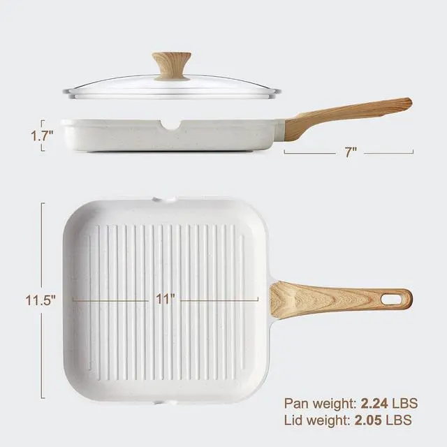 Alt view image 6 of 7 - Nonstick Ceramic Grill Pan with Lid, Grill Pan for Stove Tops, Square Grilling Pan with Pour Spouts, Durable Grill Skillet for All Stoves, Steak Bacon Pan, Non Toxic PTFE,PFAS,PFOA Free