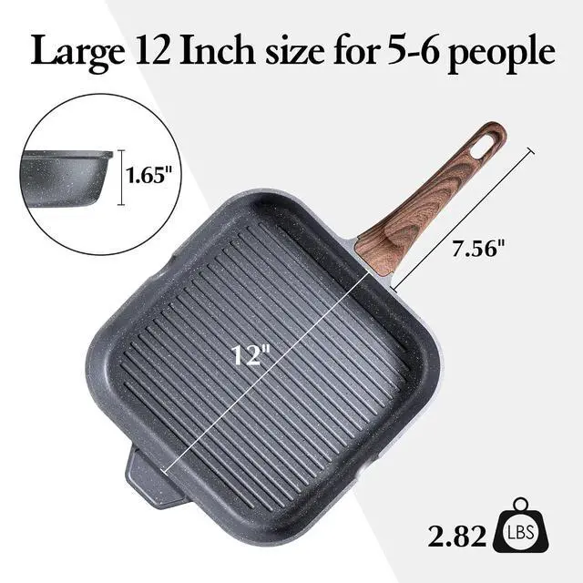 Alt view image 7 of 7 - Nonstick Grill Pan for Stove Tops, Versatile Griddle with Pour Spouts, Square Big Cooking Surface, Durable Skillet Indoor & Outdoor Grilling. PFOA Free,12Inch