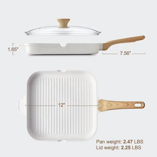 Alt view image 6 of 7 - Nonstick Ceramic Grill Pan with Lid, Grill Pan for Stove Tops, Square Grilling Pan with Pour Spouts, Durable Grill Skillet for All Stoves, Steak Bacon Pan, Non Toxic PTFE,PFAS,PFOA Free
