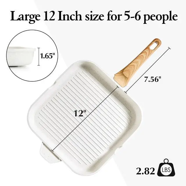Alt view image 7 of 7 - Nonstick Ceramic Grill Pan for Stove Tops, Square Grilling Pan with Pour Spouts, Non Toxic Durable Grill Skillet for All Stoves(Gas,Electric,Induction) PTFE,PFAS,PFOA Free, 12Inch (White)