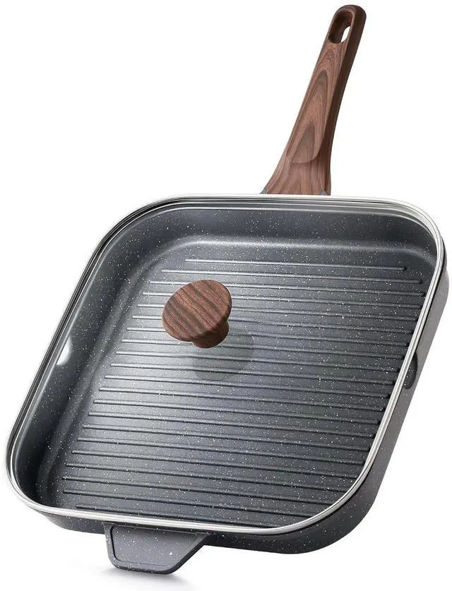 Main image of Nonstick Grill Pan with Lid, Grill Pan for Stove Tops, Versatile Griddle with Pour Spouts, Square Big Cooking Surface, Durable Skillet Indoor & Outdoor Grilling. PFOA Free, 12Inch