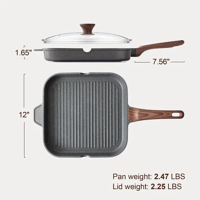 Alt view image 4 of 7 - Nonstick Grill Pan with Lid, Grill Pan for Stove Tops, Versatile Griddle with Pour Spouts, Square Big Cooking Surface, Durable Skillet Indoor & Outdoor Grilling. PFOA Free, 12Inch