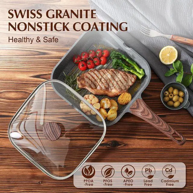 Alt view image 2 of 7 - Nonstick Grill Pan with Lid, Grill Pan for Stove Tops, Versatile Griddle with Pour Spouts, Square Big Cooking Surface, Durable Skillet Indoor & Outdoor Grilling. PFOA Free, 9.5 Inch