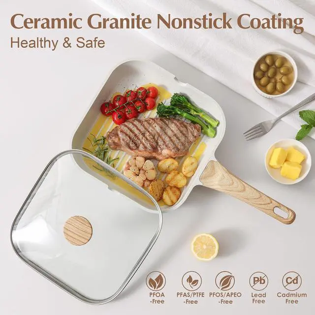 Alt view image 2 of 7 - Nonstick Ceramic Grill Pan with Lid, Grill Pan for Stove Tops, Square Grilling Pan with Pour Spouts, Durable Grill Skillet for All Stoves, Steak Bacon Pan, Non Toxic PTFE,PFAS,PFOA Free