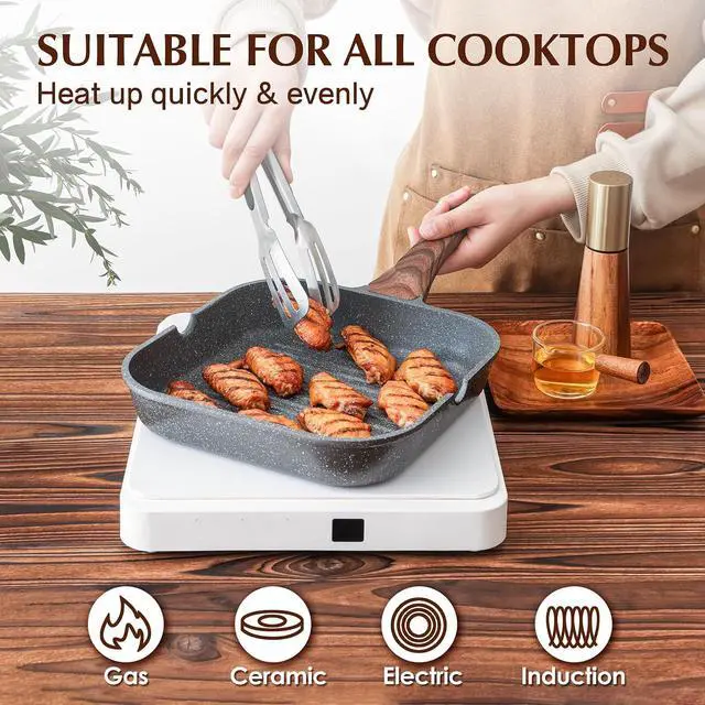 Alt view image 7 of 7 - Nonstick Grill Pan with Lid, Grill Pan for Stove Tops, Versatile Griddle with Pour Spouts, Square Big Cooking Surface, Durable Skillet Indoor & Outdoor Grilling. PFOA Free, 9.5 Inch