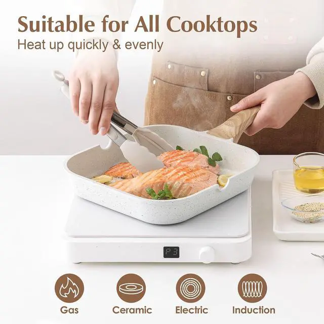 Alt view image 7 of 7 - Nonstick Ceramic Grill Pan with Lid, Grill Pan for Stove Tops, Square Grilling Pan with Pour Spouts, Durable Grill Skillet for All Stoves, Steak Bacon Pan, Non Toxic PTFE,PFAS,PFOA Free