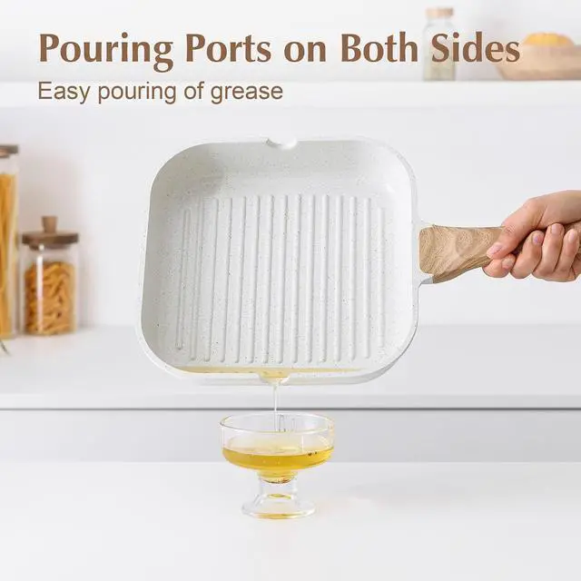 Alt view image 5 of 7 - Nonstick Ceramic Grill Pan with Lid, Grill Pan for Stove Tops, Square Grilling Pan with Pour Spouts, Durable Grill Skillet for All Stoves, Steak Bacon Pan, Non Toxic PTFE,PFAS,PFOA Free