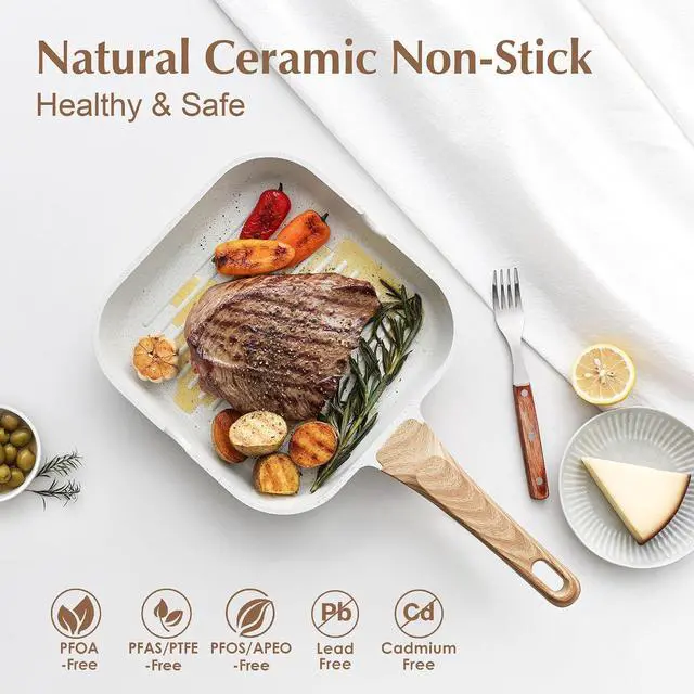 Alt view image 2 of 7 - Nonstick Ceramic Grill Pan for Stove Tops, Versatile Square Grilling Pan with Pour Spouts, Durable Grill Skillet for All Stoves, Steak Bacon Pan, Non Toxic-PTFE,PFAS,PFOA Free, 11 Inch