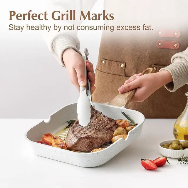 Alt view image 3 of 7 - Nonstick Ceramic Grill Pan with Lid, Grill Pan for Stove Tops, Square Grilling Pan with Pour Spouts, Durable Grill Skillet for All Stoves, Steak Bacon Pan, Non Toxic PTFE,PFAS,PFOA Free