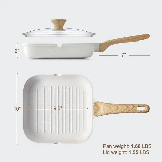 Alt view image 6 of 7 - Nonstick Ceramic Grill Pan with Lid, Versatile Square Grilling Pan with Pour Spouts, Durable Grill Skillet for All Stoves(Gas,Electric,Induction) Non Toxic-PTFE,PFAS,PFOA Free, 9.5 Inch