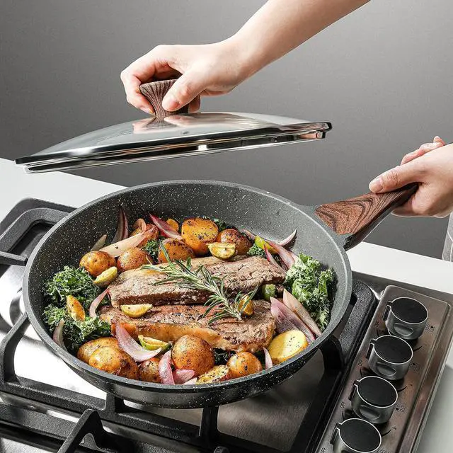 Alt view image 2 of 7 - Nonstick Frying Pan Skillet with Lid, Omelet Pan with Cover, Healthy Cooking Chef's Pan, Kitchen Cooking Pan, Free of Intentionally Added PFOA/PFOS (12.5inch + Glass Lid)