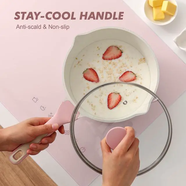 Alt view image 7 of 7 - Ceramic Nonstick Saucepan with Double Pouring Spout 3.0 Quarts, Cooking Pot with Stay Cool Handle, Induction Compatible, Ceramic Coating, Free of Intentionally Added PFOA/PFAS, Pink
