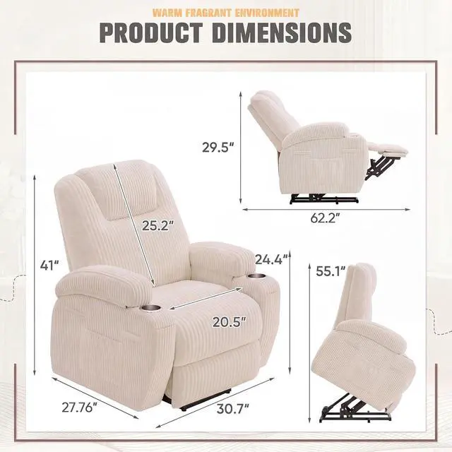 Alt view image 2 of 7 - Power Lift Recliner Chair Electric Lift Recliner for Elderly Power Lift Recliner Chair with Cup Holders Side Pockets for Living Room (Corduroy, Beige)