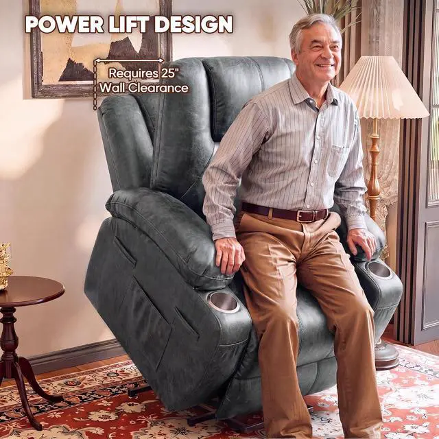 Alt view image 4 of 7 - Power Lift Recliner Chair Electric Lift Recliner for Elderly Power Lift Recliner Chair with Cup Holders Side Pockets for Living Room (Leathaire, Light Black)