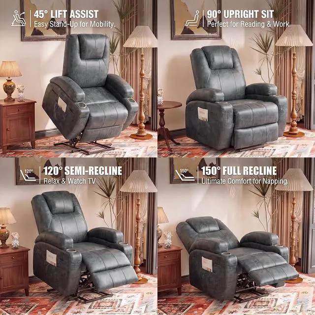 Alt view image 6 of 7 - Power Lift Recliner Chair Electric Lift Recliner for Elderly Power Lift Recliner Chair with Cup Holders Side Pockets for Living Room (Leathaire, Light Black)