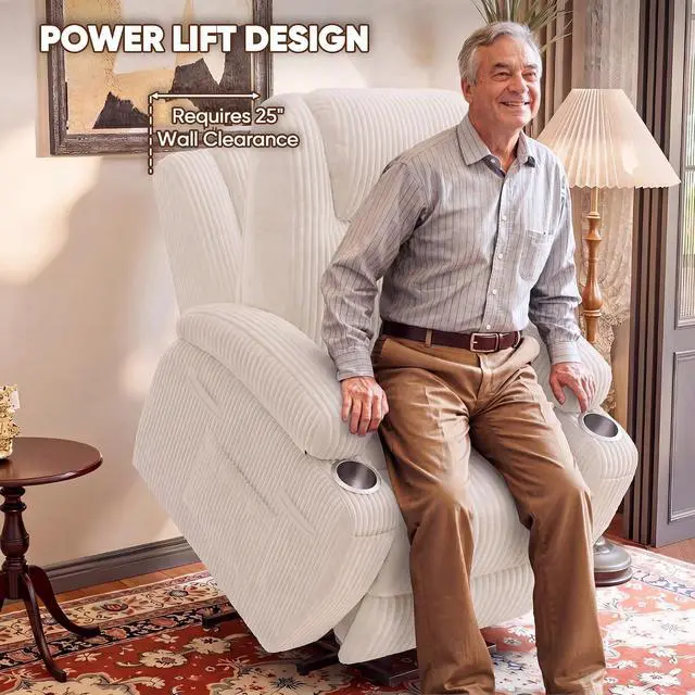 Alt view image 4 of 7 - Power Lift Recliner Chair Electric Lift Recliner for Elderly Power Lift Recliner Chair with Cup Holders Side Pockets for Living Room (Corduroy, Beige)