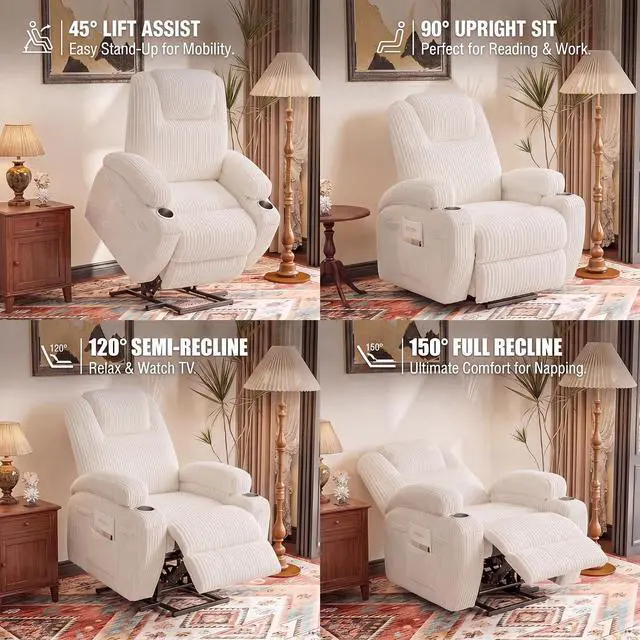 Alt view image 5 of 7 - Power Lift Recliner Chair Electric Lift Recliner for Elderly Power Lift Recliner Chair with Cup Holders Side Pockets for Living Room (Corduroy, Beige)