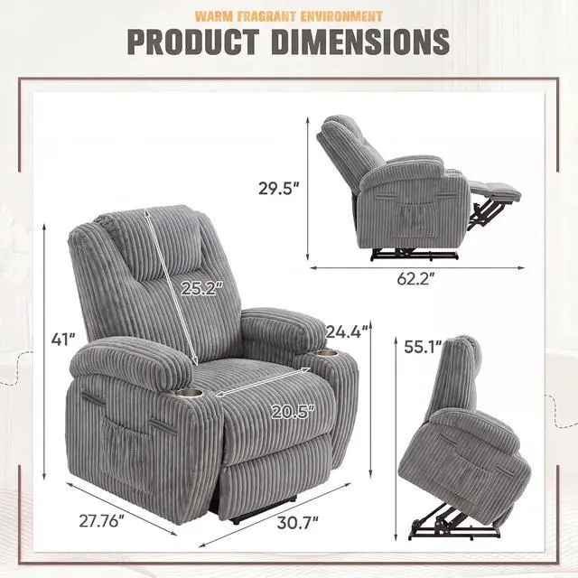 Alt view image 2 of 7 - Power Lift Recliner Chair Electric Lift Recliner for Elderly Power Lift Recliner Chair with Cup Holders Side Pockets for Living Room (Corduroy, Dark Gray)