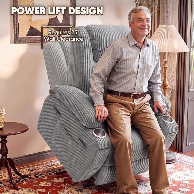 Alt view image 4 of 7 - Power Lift Recliner Chair Electric Lift Recliner for Elderly Power Lift Recliner Chair with Cup Holders Side Pockets for Living Room (Corduroy, Dark Gray)