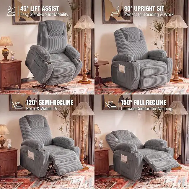 Alt view image 5 of 7 - Power Lift Recliner Chair Electric Lift Recliner for Elderly Power Lift Recliner Chair with Cup Holders Side Pockets for Living Room (Corduroy, Dark Gray)
