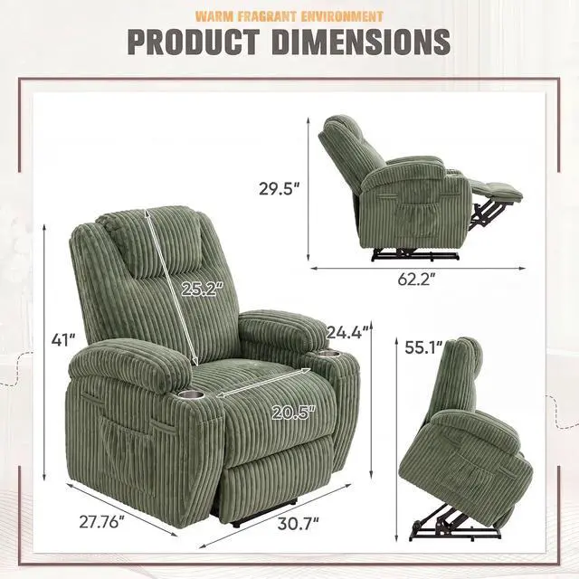 Alt view image 2 of 7 - Power Lift Recliner Chair Electric Lift Recliner for Elderly Power Lift Recliner Chair with Cup Holders Side Pockets for Living Room (Corduroy, Green)