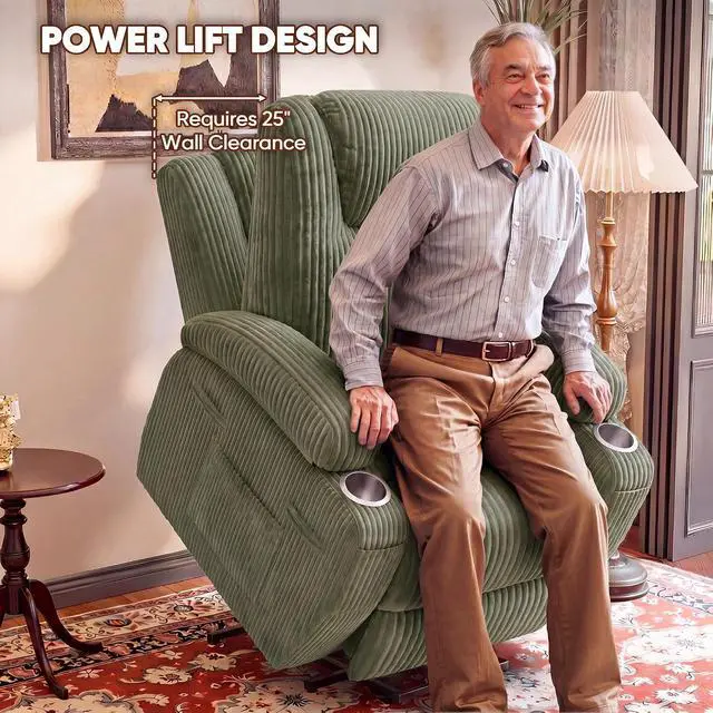 Alt view image 4 of 7 - Power Lift Recliner Chair Electric Lift Recliner for Elderly Power Lift Recliner Chair with Cup Holders Side Pockets for Living Room (Corduroy, Green)