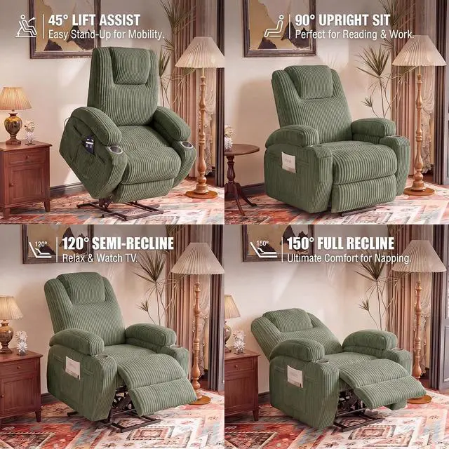 Alt view image 5 of 7 - Power Lift Recliner Chair Electric Lift Recliner for Elderly Power Lift Recliner Chair with Cup Holders Side Pockets for Living Room (Corduroy, Green)