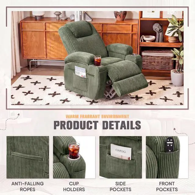 Alt view image 7 of 7 - Power Lift Recliner Chair Electric Lift Recliner for Elderly Power Lift Recliner Chair with Cup Holders Side Pockets for Living Room (Corduroy, Green)