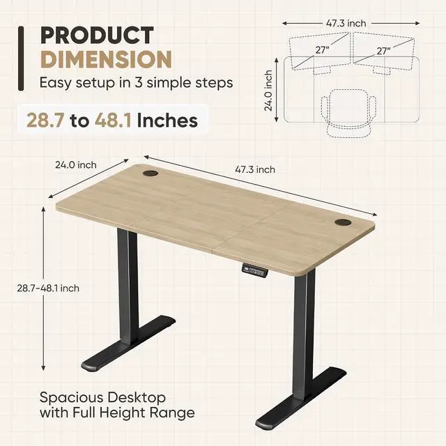 Alt view image 3 of 7 - Electric Height Adjustable Standing Desk Large 48 x 24 Inches Sit Stand up Desk Home Office Computer Desk Memory Preset with T-Shaped Metal Bracket, Maple