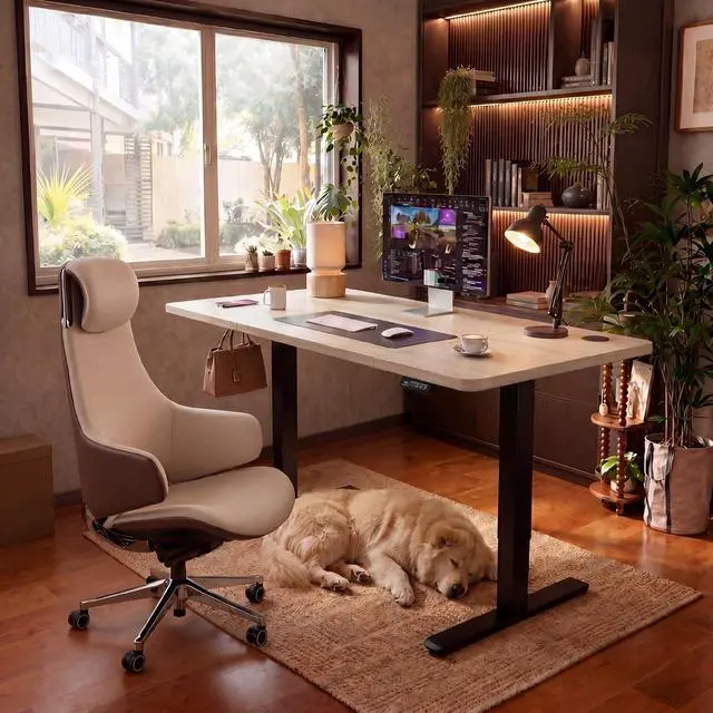 Alt view image 2 of 7 - Electric Height Adjustable Standing Desk Large 48 x 24 Inches Sit Stand up Desk Home Office Computer Desk Memory Preset with T-Shaped Metal Bracket, Maple