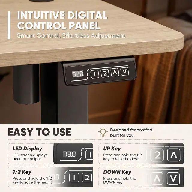 Alt view image 6 of 7 - Electric Height Adjustable Standing Desk Large 48 x 24 Inches Sit Stand up Desk Home Office Computer Desk Memory Preset with T-Shaped Metal Bracket, Maple