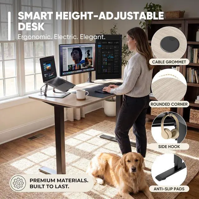 Alt view image 4 of 7 - Electric Height Adjustable Standing Desk Large 48 x 24 Inches Sit Stand up Desk Home Office Computer Desk Memory Preset with T-Shaped Metal Bracket, Maple