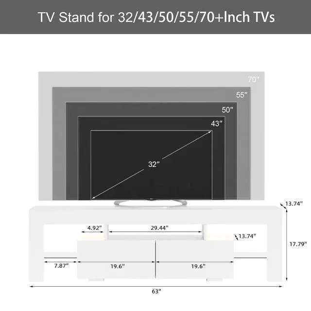 Alt view image 3 of 7 - TV Stand with LED Lights, Modern Entertainment Center Media and Open Shelf Console Table Storage Desk with 1 Drawer and Remote Control 20 Color LED Lights up to 70 Inch TV (White)