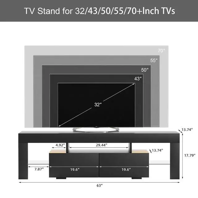 Alt view image 3 of 7 - TV Stand, Modern Lighting TV Cabinet Entertainment Center Media and Open Shelf, TV Console Table with 1 Drawer and Remote Control, 20 Color LED Lights up to 70 Inch TV (Black)