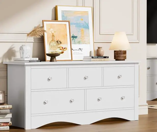 Main image of Dresser for Bedroom, TV Stand, 5 Drawer Dresser, Wood Dressers, Wide Chest of Drawer, Storage Drawers, Storage Organizer for Closet, Hallway (White)