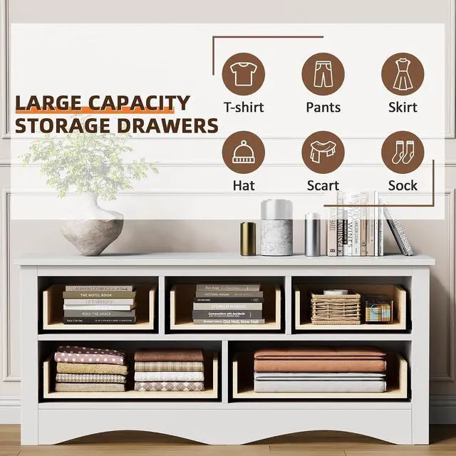 Alt view image 3 of 7 - Dresser for Bedroom, TV Stand, 5 Drawer Dresser, Wood Dressers, Wide Chest of Drawer, Storage Drawers, Storage Organizer for Closet, Hallway (White)