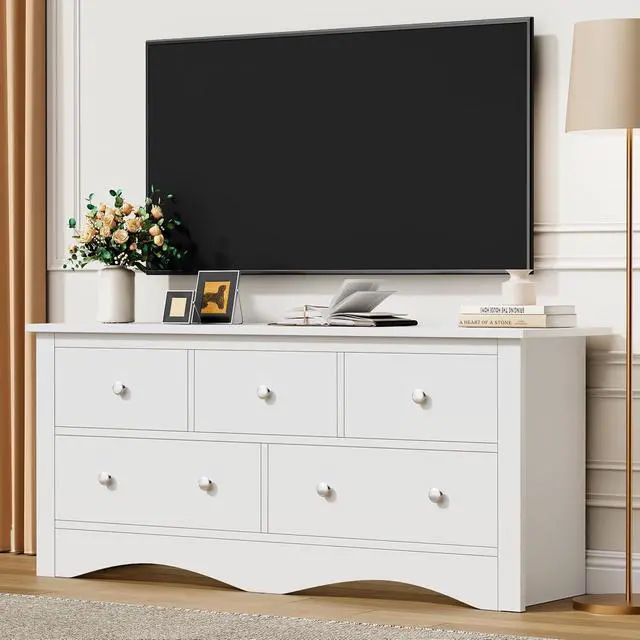 Alt view image 5 of 7 - Dresser for Bedroom, TV Stand, 5 Drawer Dresser, Wood Dressers, Wide Chest of Drawer, Storage Drawers, Storage Organizer for Closet, Hallway (White)