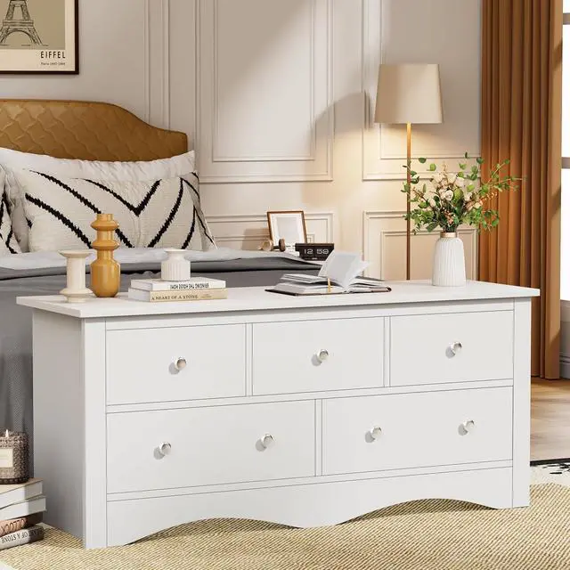 Alt view image 6 of 7 - Dresser for Bedroom, TV Stand, 5 Drawer Dresser, Wood Dressers, Wide Chest of Drawer, Storage Drawers, Storage Organizer for Closet, Hallway (White)