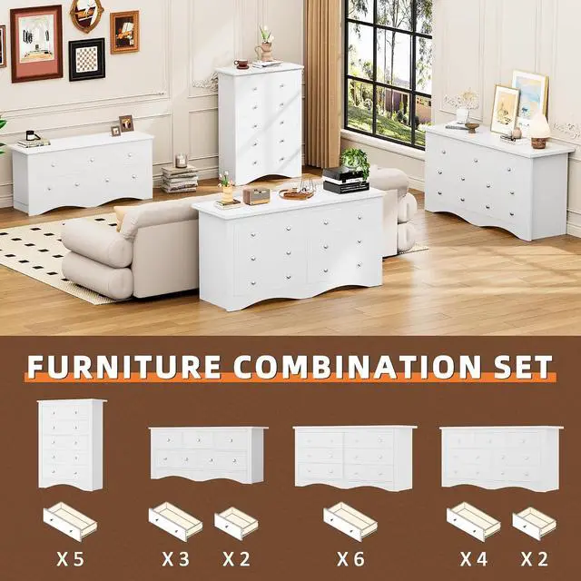 Alt view image 7 of 7 - Dresser for Bedroom, TV Stand, 5 Drawer Dresser, Wood Dressers, Wide Chest of Drawer, Storage Drawers, Storage Organizer for Closet, Hallway (White)