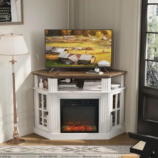Main image of Fireplace Corner TV Stand for TVs up to 55 Inch, Entertainment Center with 18" Fireplace, TV Console Table with Glass Door Storage Cabinet and Open Shelf (White)