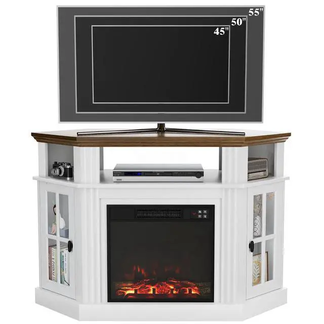 Alt view image 3 of 7 - Fireplace Corner TV Stand for TVs up to 55 Inch, Entertainment Center with 18" Fireplace, TV Console Table with Glass Door Storage Cabinet and Open Shelf (White)