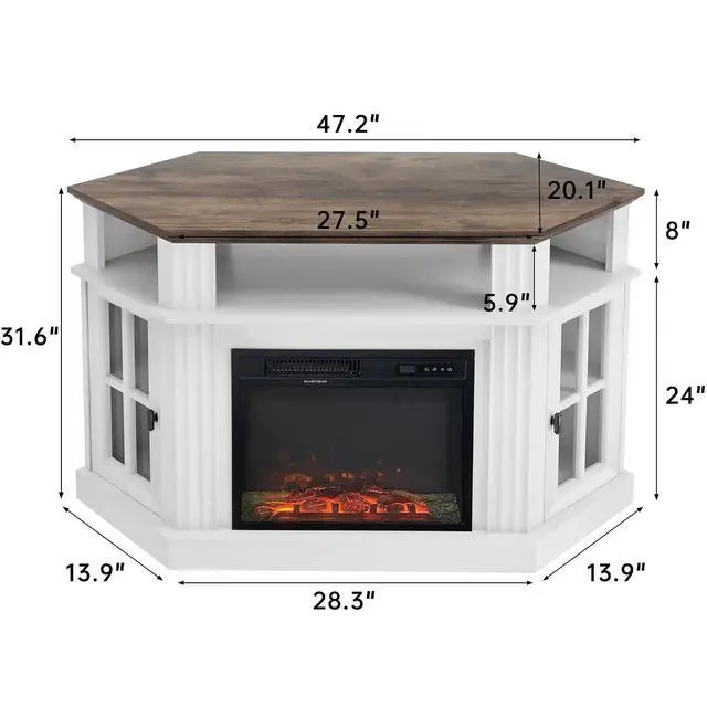 Alt view image 5 of 7 - Fireplace Corner TV Stand for TVs up to 55 Inch, Entertainment Center with 18" Fireplace, TV Console Table with Glass Door Storage Cabinet and Open Shelf (White)