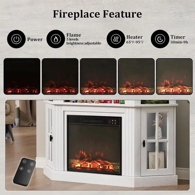 Alt view image 4 of 7 - Fireplace Corner TV Stand for TVs up to 55 Inch, Entertainment Center with 18" Fireplace, TV Console Table with Glass Door Storage Cabinet and Open Shelf (White)