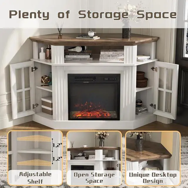 Alt view image 6 of 7 - Fireplace Corner TV Stand for TVs up to 55 Inch, Entertainment Center with 18" Fireplace, TV Console Table with Glass Door Storage Cabinet and Open Shelf (White)