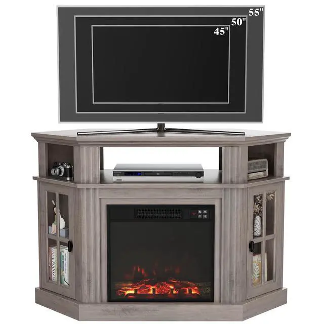 Alt view image 3 of 7 - Fireplace Corner TV Stand for TVs up to 55 Inch, Entertainment Center with 18" Fireplace, TV Console Table with Glass Door Storage Cabinet and Open Shelf (Rustic Oak)