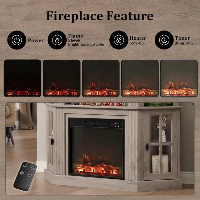 Alt view image 4 of 7 - Fireplace Corner TV Stand for TVs up to 55 Inch, Entertainment Center with 18" Fireplace, TV Console Table with Glass Door Storage Cabinet and Open Shelf (Rustic Oak)
