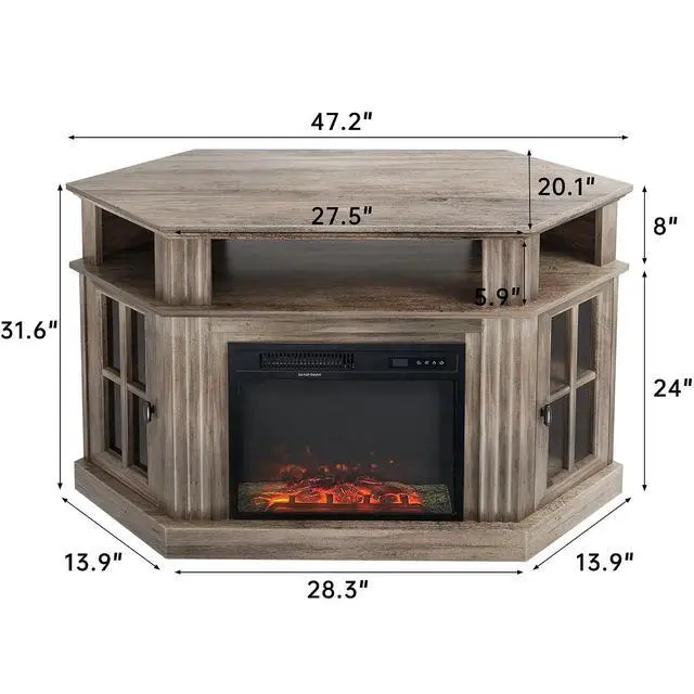 Alt view image 5 of 7 - Fireplace Corner TV Stand for TVs up to 55 Inch, Entertainment Center with 18" Fireplace, TV Console Table with Glass Door Storage Cabinet and Open Shelf (Rustic Oak)